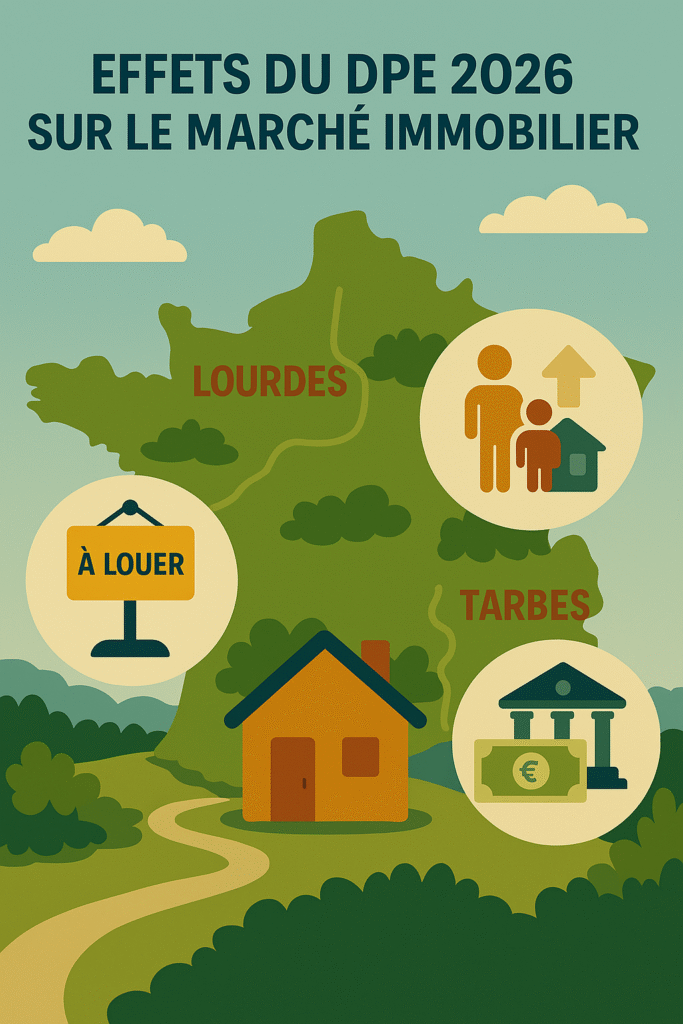Infographie sur les effets du DPE 2026 à Lourdes et Tarbes : remise sur le marché de biens en location, élargissement de la demande à la vente et impact sur le financement immobilier par les banques